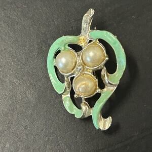 Vintage Green Enamel and Faux Pearl Cluster Leaf Brooch No marks